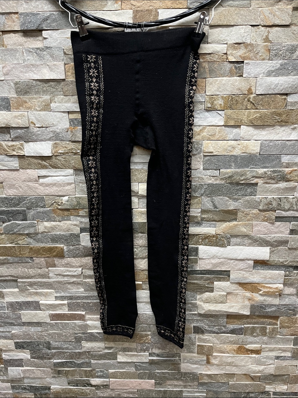 Black Patterned Knit Leggings with Side Fair Isle Detail